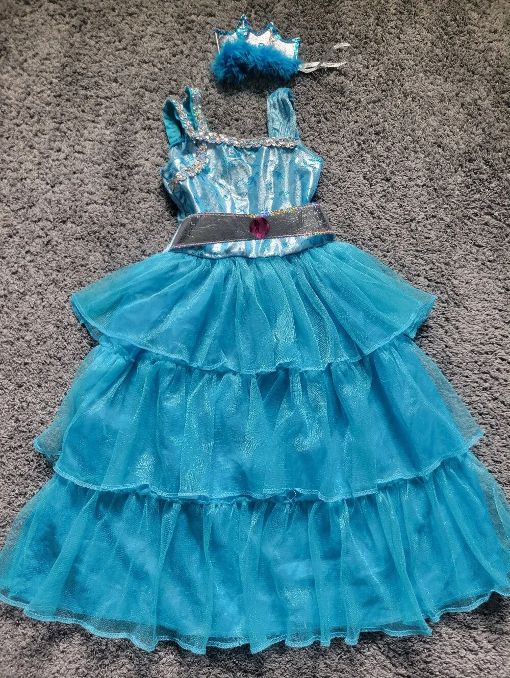 Blue Princess Tulle Tiered Kids Costume Dress with Crown Size 3+ Like New